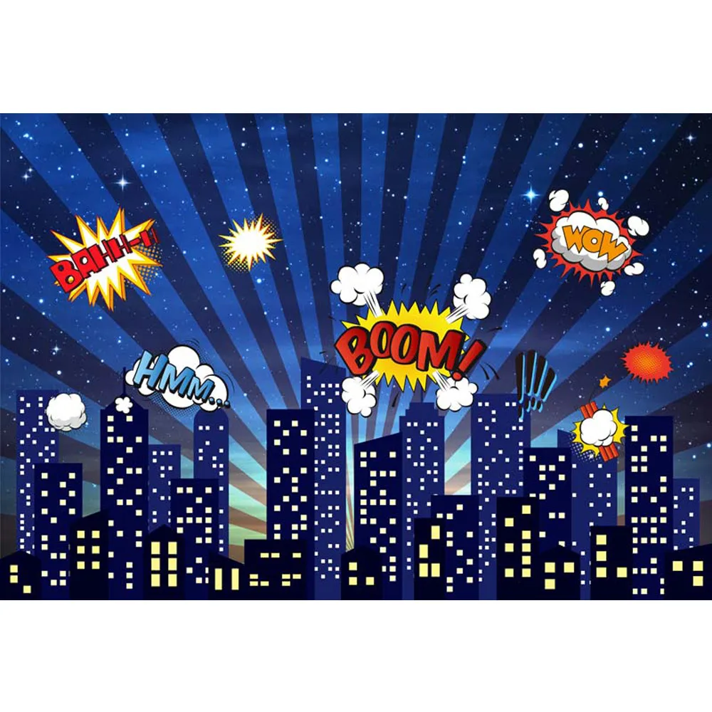 Superhero Themed Birthday Party Photo Booth Backdrop Night Sky Glitter