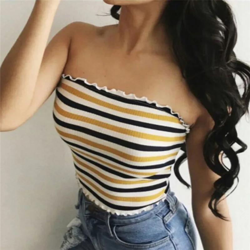 

Women Sexy Strapless Striped Crop Top Off Shoulder Bustier Tops Elastic Boob Tube Tank Vest Female Corset Tee Shirt
