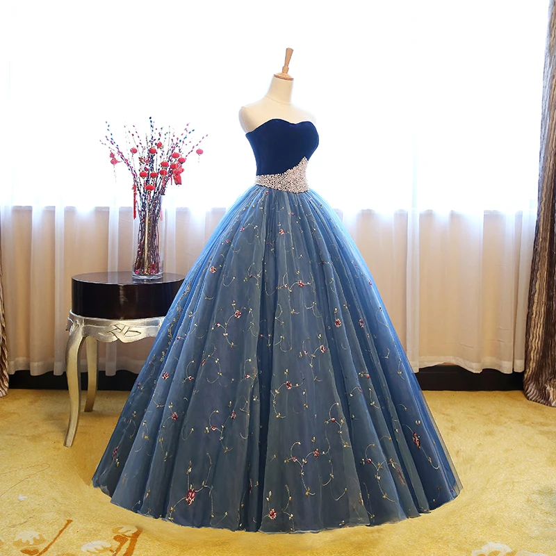 Синий Бальные платья Бархат бисером сладкий 16 Бальные платья Vestidos De 15 Anos