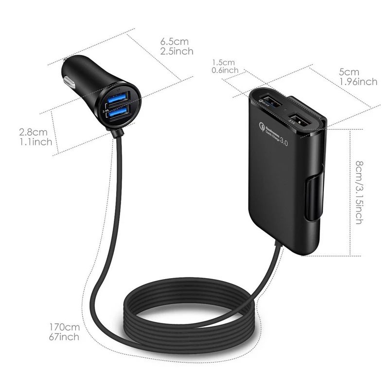 New 4 Port USB QC 3.0 Car Charger For Front Back Seat With Extension Cable for Samsung S7/S7 Edge HTC One A9 LG G5 Xiaomi 5
