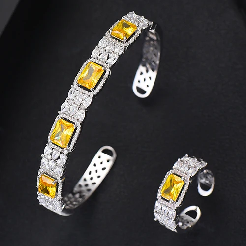 GODKI, роскошный цветок, Саудовская Аравия, браслет, серебряное кольцо, набор ювелирных изделий для женщин, свадебные, Обручальные, brincos para as mulheres - Окраска металла: Yellow