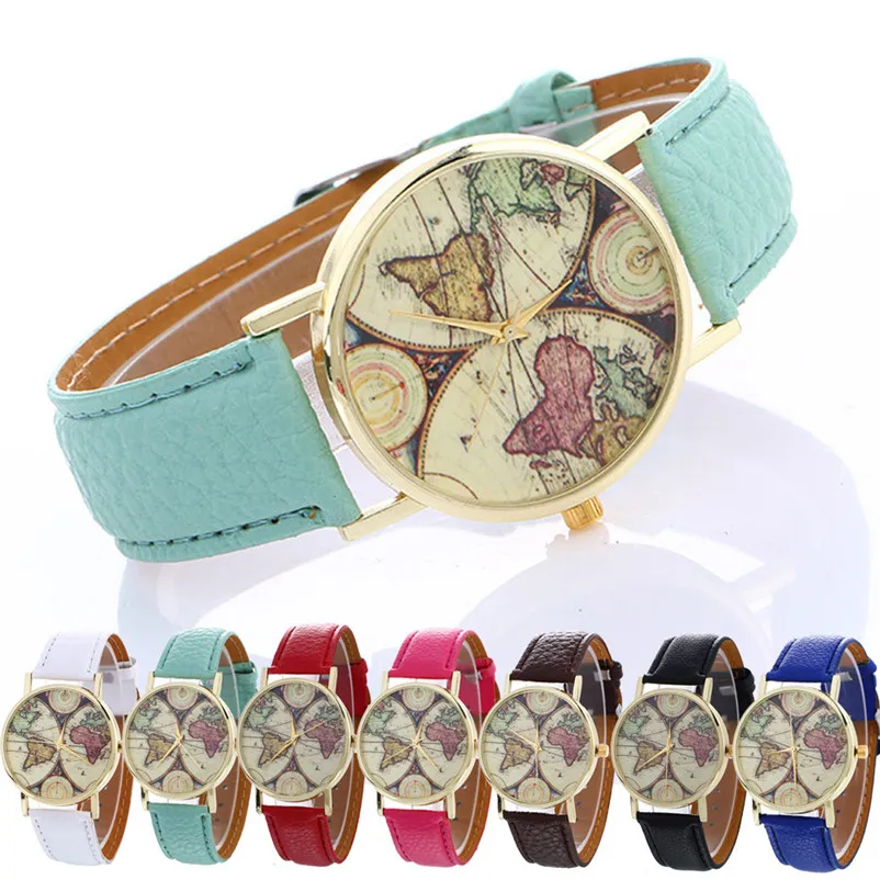 Women's watches casual watches Neutral Map Pattern Fashion watch band leather Quartz Wrist Watch clock relogio feminino M16  (2)