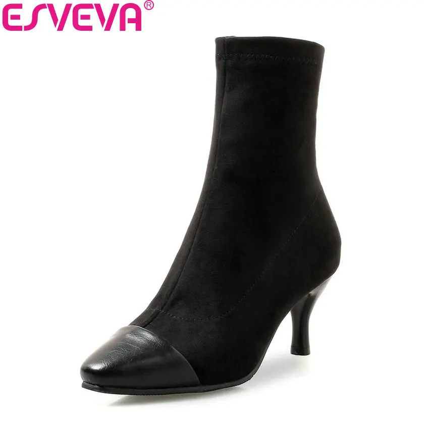 

ESVEVA 2019 Women Shoes Zipper Square High Heels Ankle Boots Shoes Sewing Patchwork Square Toe Autumn Woman Boots Size 34-43