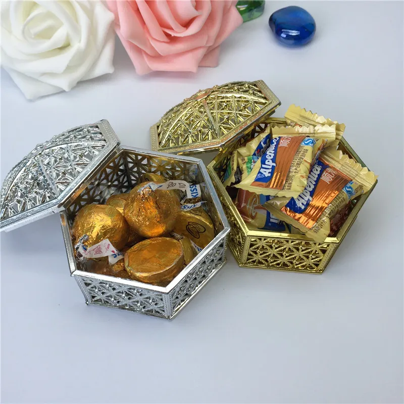 

100pcs/lot New Creative wedding candy box Hexagon shape hollow plastic gift boxes gold and silver plating candy boxes