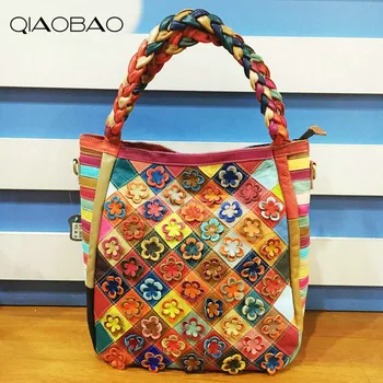 

QIAOBAO 100% Cowhide Leather Bag Flower Big Ladies Hand Bags Girls Soft Genuine Leather Shoulder Bag Lady Totes