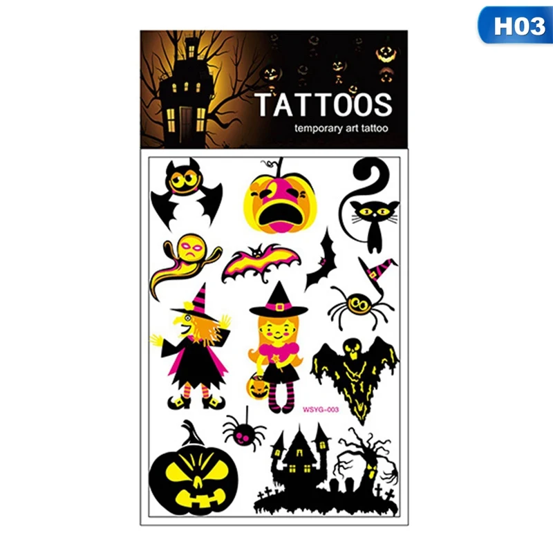 Светящаяся татуировка на Хэллоуин, привидение, тату для детей, поддельные татуировки, ведьма, сверкающий в темноте, водонепроницаемые
