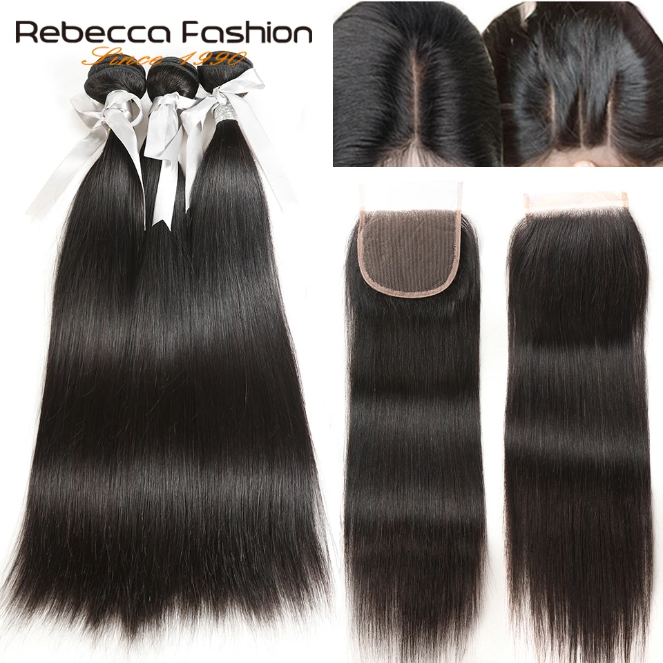 Продажа Rebecca натуральные волосы Связки с закрытием 3 4 Связки с закрытием remy наращивание волос перуанские прямые пучки волос с закрытием