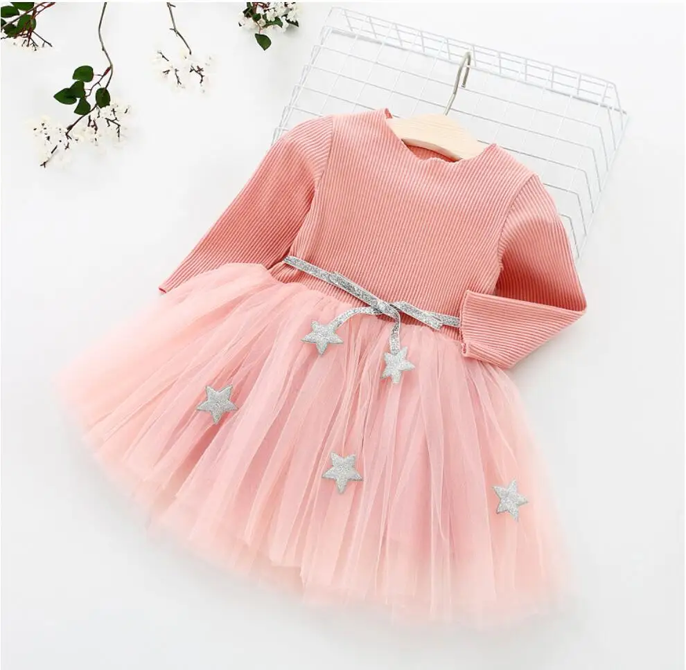 Christmas New Year dresses for baby girls clothing Knitted tutu dress Pentacle belt long sleeve party Vestidos clothes children