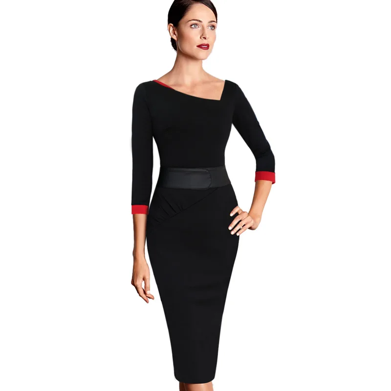 Vfemage женское асимметричное винтажное элегантное контрастное платье с рюшами для работы, офиса, бизнеса, вечерние облегающие Повседневные платья 2276