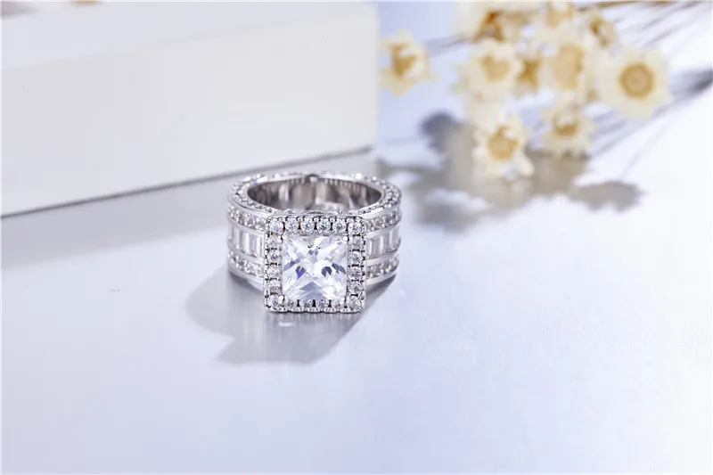Женское Обручальное Кольцо 0," с широким квадратным кластером, 4ct SONA, бриллиантовое архитектурное кольцо, имитация платины, магазины свадебных ювелирных изделий