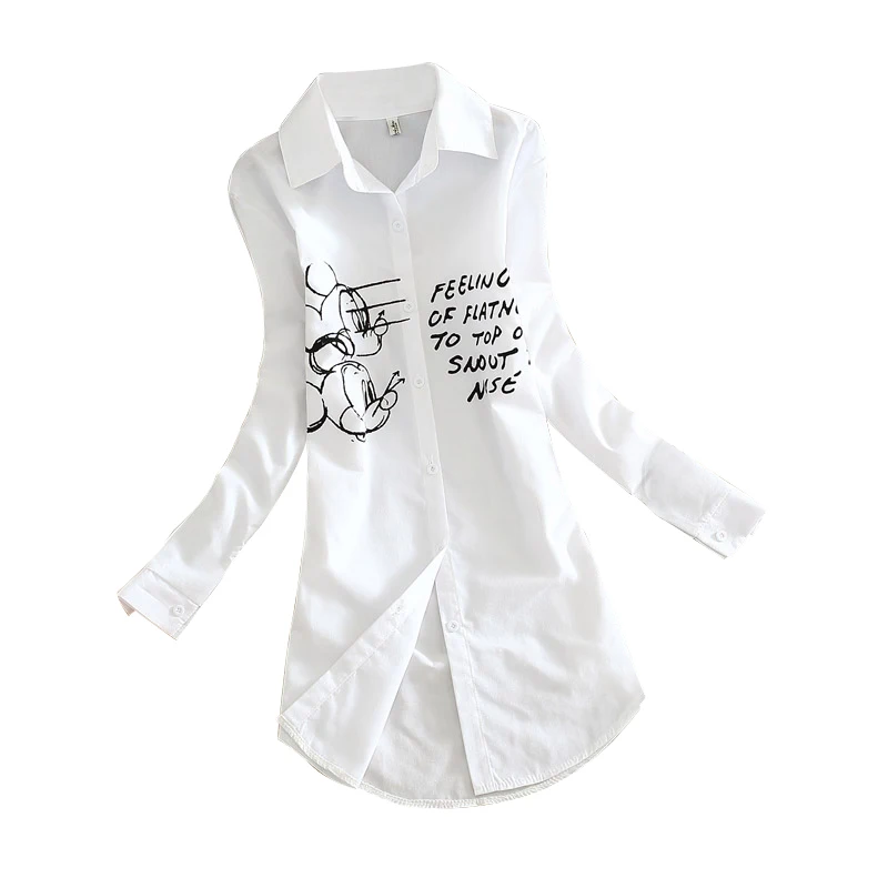 

New arrive cartoon print loose long sleeve white shirt, cartoon women blouse,blouse woman new collection