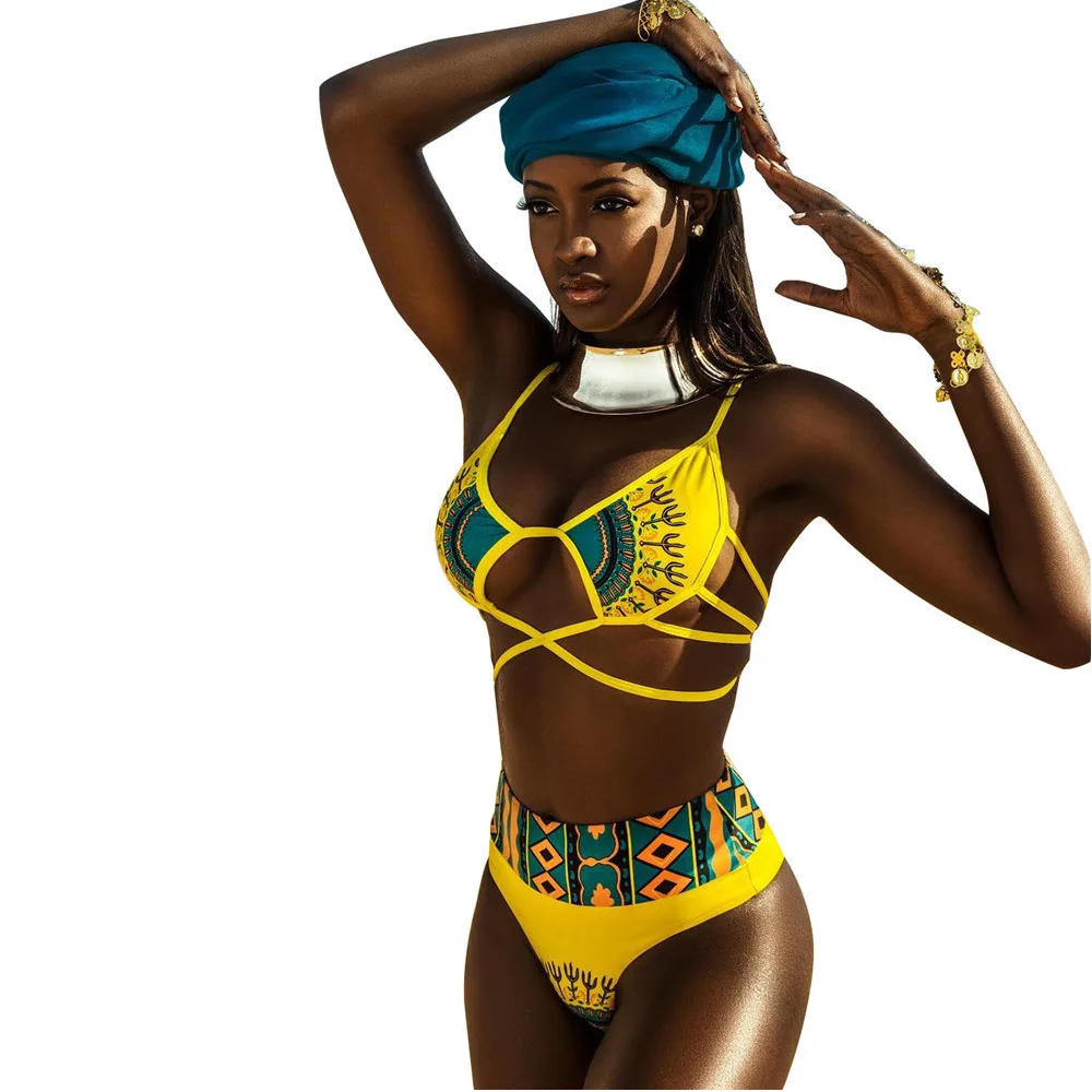 

Sexy Yellow Geometric Print Swimsuit Women Brazilian Micro Bikini Push Up Cross Hollow High Waist Bathing Swim Suit Girl Biquini