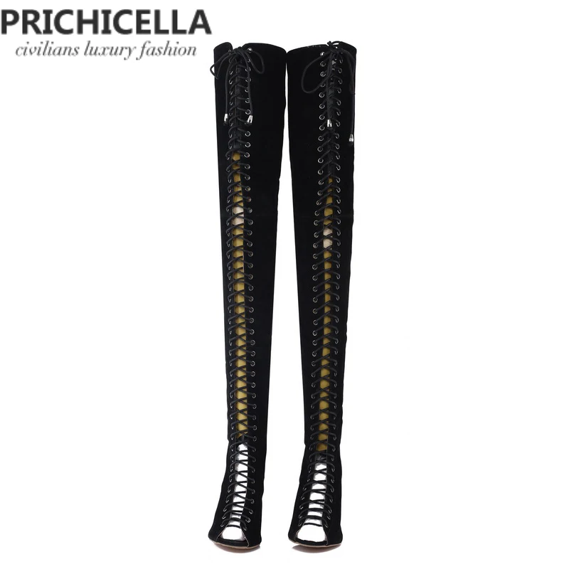 PRICHICELLA/пикантные женские сапоги-гладиаторы с открытым носком на высоком каблуке со шнуровкой; цвет красный, черный, коричневый; высокие сапоги до бедра; size35-42