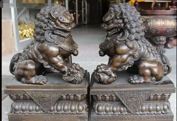 

17" Chinese Pure Bronze Fengshui Foo Fu Dog Guardion Lion Beast Statue Pair