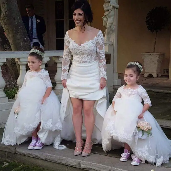 Белое Тюлевое платье с открытыми плечами и цветочным узором для девочек, детские вечерние платья принцессы с Короткими Кружевными Рукавами