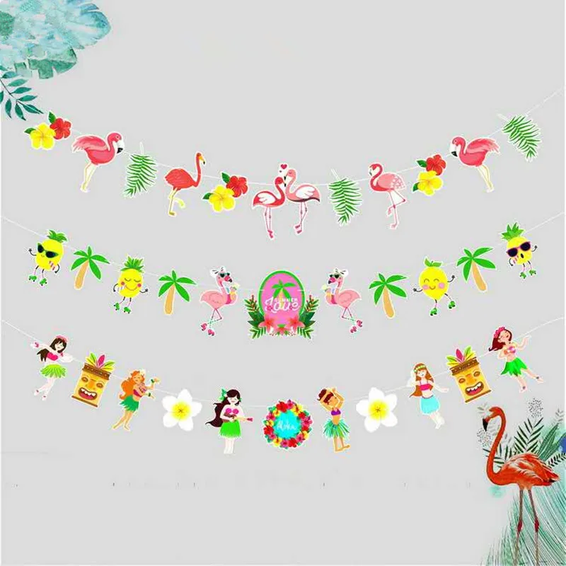 

2019 New Flamingo Party Decorations Cartoon Paper Latte Flag Happy Birthday Background Decorated With Hawaiian Themed Banners