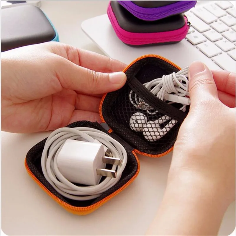 

Hot Mini Zipper Hard Headphone Case PU Leather Earphone Storage Bag Protective USB Cable Organizer, Portable Earbuds Pouch Box