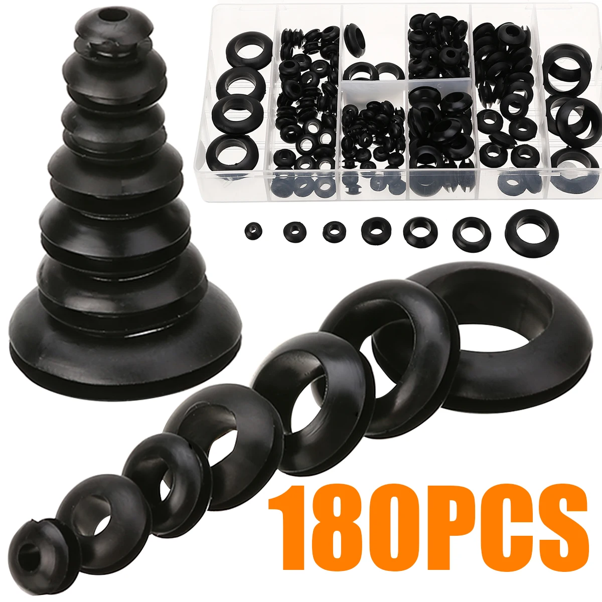 180pcs/set Rubber Grommets Set Kits Blanking Hole Wiring Cable Gasket Kit Home Improvement Repleacement Part Black
