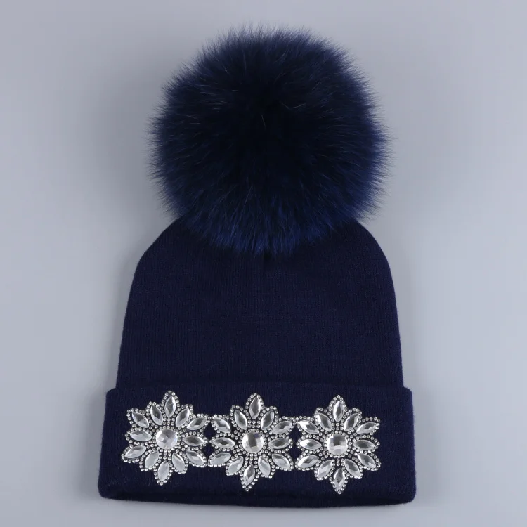 Женская Роскошная зимняя шапка с кристаллами, цветочный дизайн, теплый плотный большой Лисий шарик-помпон, повседневные зимние шапочки - Цвет: Fox Pom navy hat