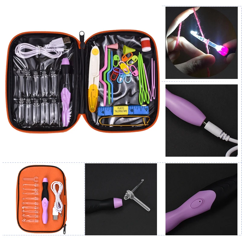 

LED Crochet Hooks Set 9 Interchangeable Heads Light Up Knitting Needles With Case & Battery Weave Sewing Tool Accessories