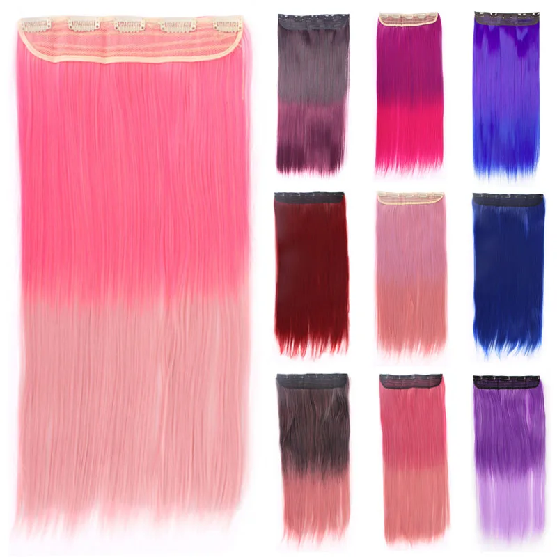 

MapofBeauty 24" Long Straight 3/4 Head Hair Extensions Clip in one piece Pink Brown Ombre Colors Natural Synthetic Hair Women
