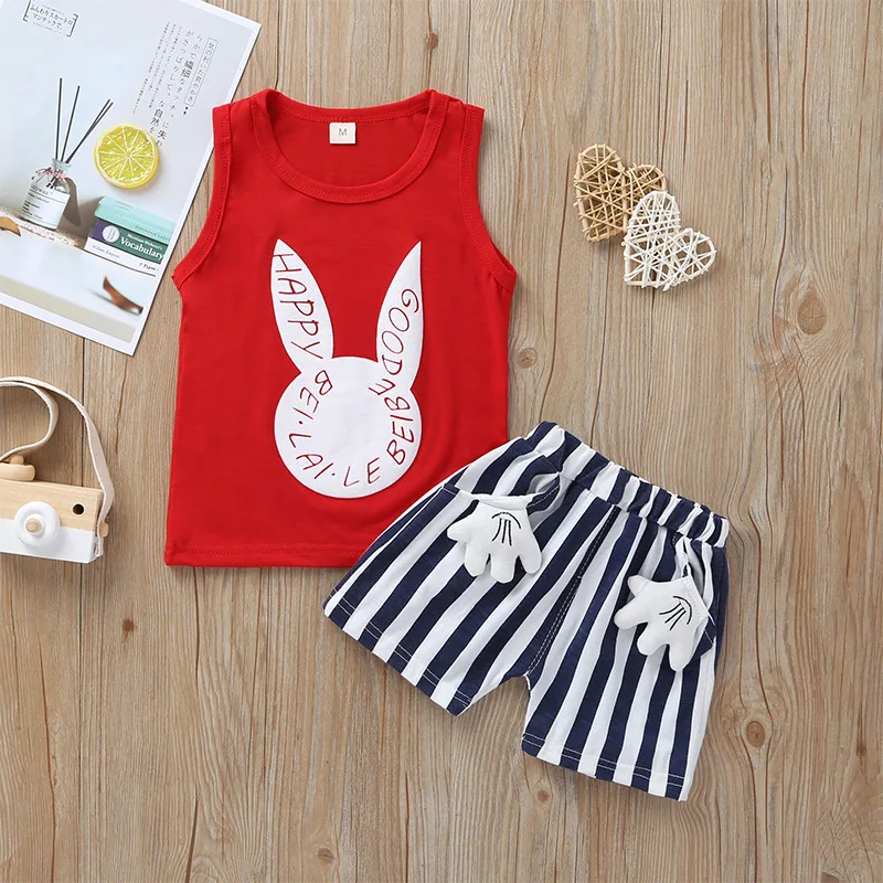 baby girl clothes set sleeveless tops cartoon rabbit+stripe shorts newborn boys outfit summer infant clothing new born red white