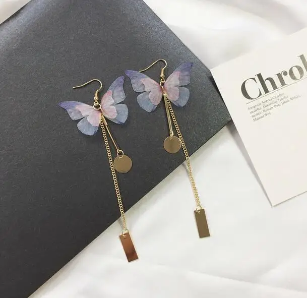 

1pcs Long Butterfly Wing Gold Earring for women cute girl party gift Hanging Drop Earrings 2017 Design colorful