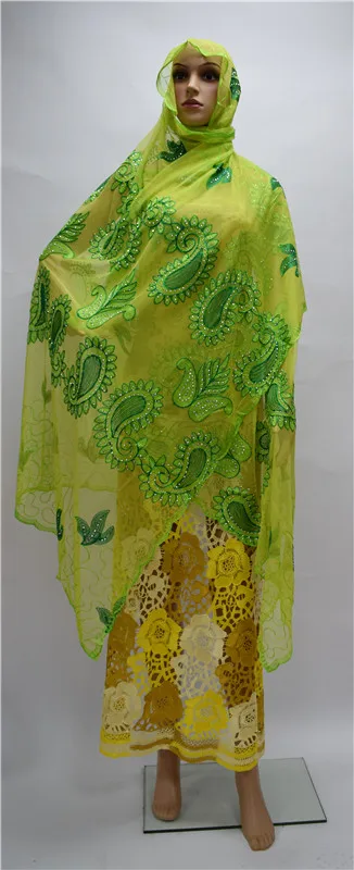 Fashionable sky blue badanas fabric with embroidery African tulle net scarf rhinestones for lady ESF17 multi color | Дом и сад