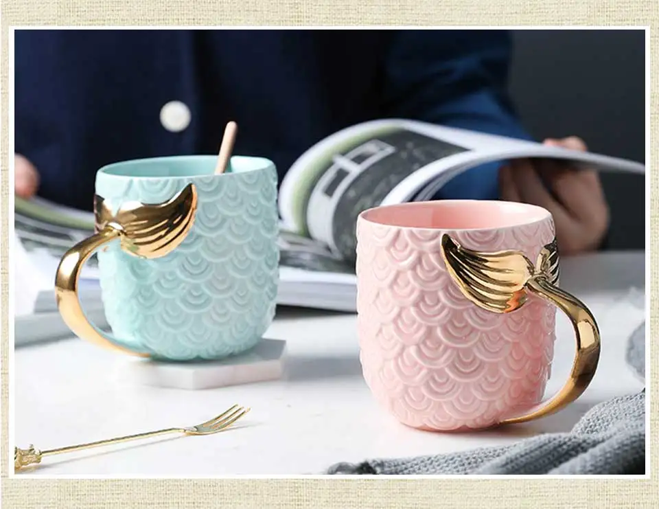 400ML Coffee Mug Travel Tea Cups And Mugs Ceramic Porcelain Creative Morning Mug Set Gold Mermaid Golden Handle Milk Mug For Kid (9)