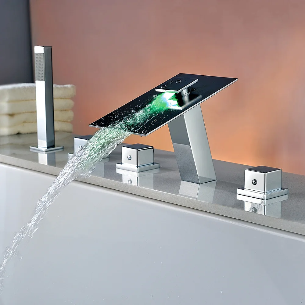 

Bathroom accessories Five hole bath basin dual-purpose faucet temperature controlled color LED lamp waterfall faucet