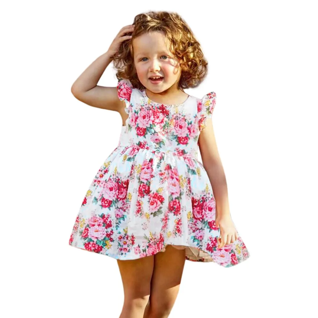 

Toddler Baby Girl Kids Dresses Summer Fly Sleeve Flower Print Dance Party Skirt Princess Dress Cute Daily Cloth Outfits Set C612