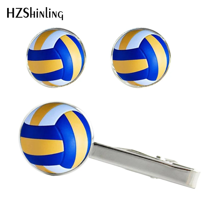 

2017 New Beach Volleyball Clips & Cufflinks Set Volley Ball Tie Clip Glass Cabochon Cufflink Handcraft Accessory CT-0031