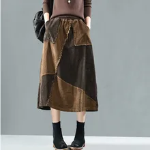 Johnature, зима-весна, Вельветовые женские юбки с эластичным поясом в стиле пэчворк, хит цвета, новые повседневные свободные юбки с карманами