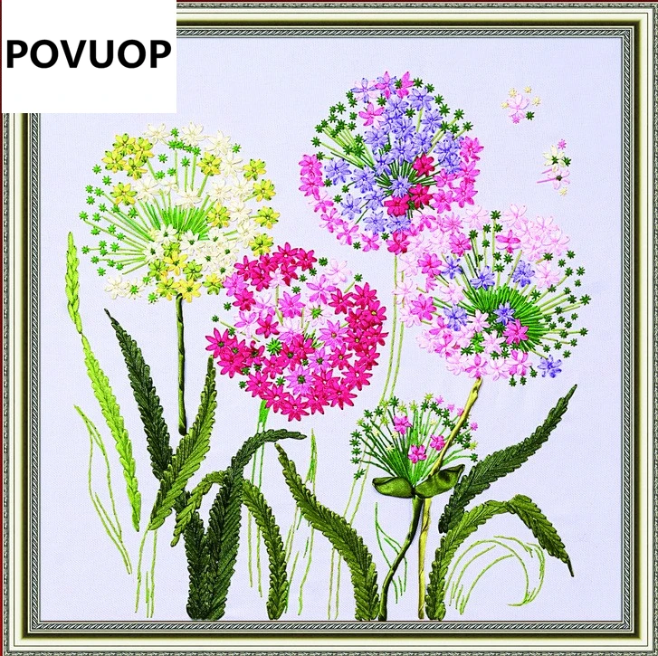 

POVUOP Ribbon embroidery 45X45cm paintings dancingly cross stitch bag