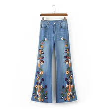 Kobykoyi цветок вышивка Для женщин летние джинсы расклешенные брюки Для женщин брюки Повседневное уличная Для женщин Жан femme