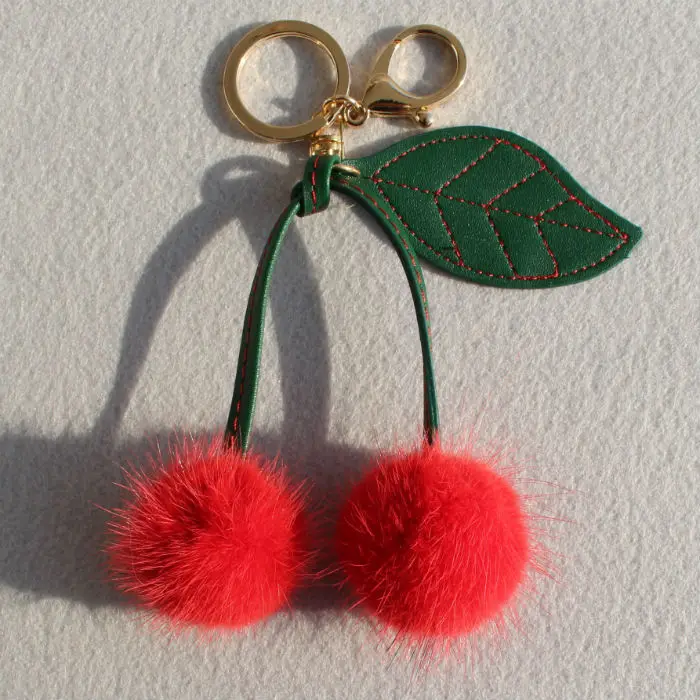 

Cute Funny Fluffy Genuine Mink Fur Pompom Cherry Car Keychain For Keys Fur Pom Pom Key Chain Women Bag Charm Backpack Pendant