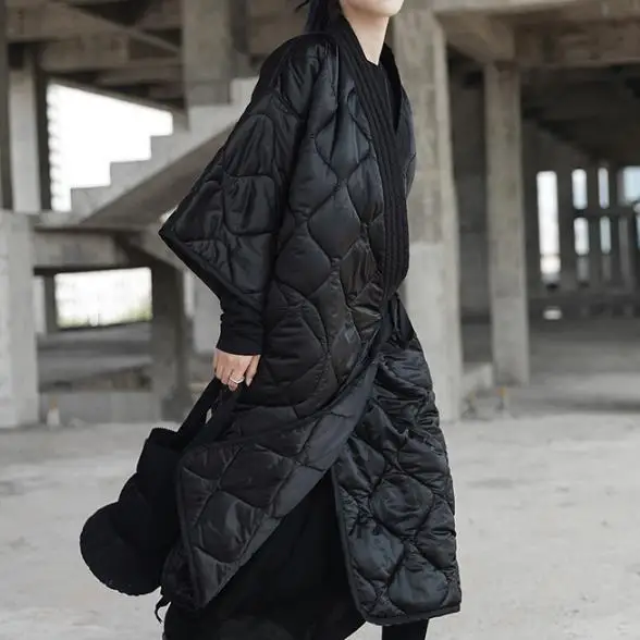 Темно-черное зимнее японское кимоно бандажный халат свободная длинная хлопковая стеганая куртка зимнее теплое длинное пальто