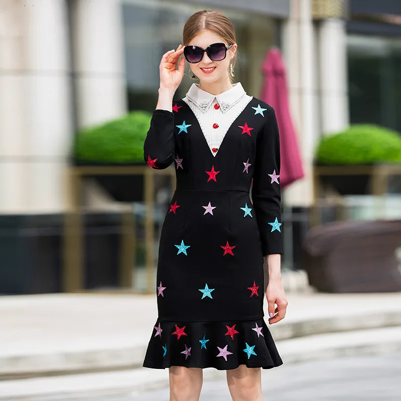 

Dress Women Autumn Winter 2018 Beading Turn Down Collar Embroidered Hot Fix Rhinestone Wrist Length Sleeves Slim Mermaid Dress