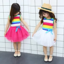 Children's dress summer new Korean version of foreign style girl rainbow mesh vest dress baby lovely princess gauze dress new pattern girl princess foreign trade sleeping princess show serve thick dress mesh