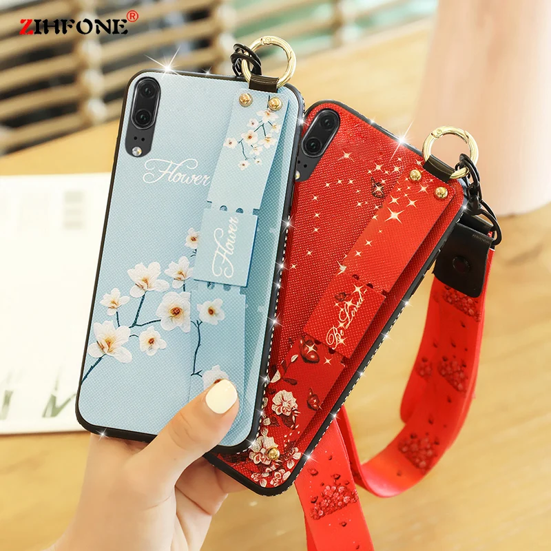 

Wrist Strap Jewelled Silicone Case sFor Huawei P20 Pro Case Flower Wristband Lanyard Holder Cover On Huawei P20 Lite Case Cover