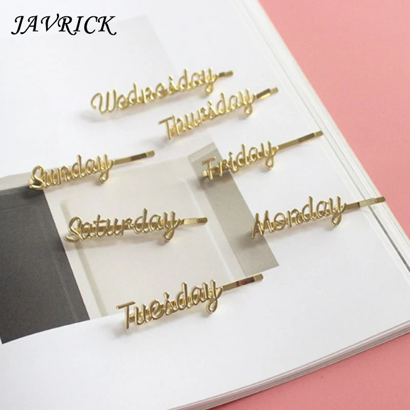 

JAVRICK Minimalist Women Girls Side Bangs One Word Hair Clip Metallic Funny Monday To Sunday Handwriting Hairpin Styling