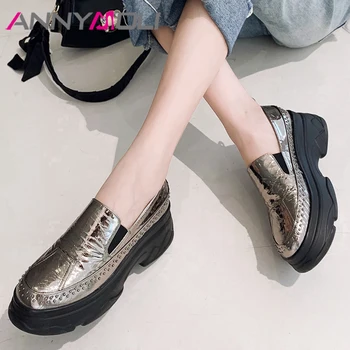 

ANNYMOLI Women Shoes Casual Flats Natural Genuine Leather Flat Platform Shoes Cow Leather Round Toe Shoes Ladies Fall Size 34-39