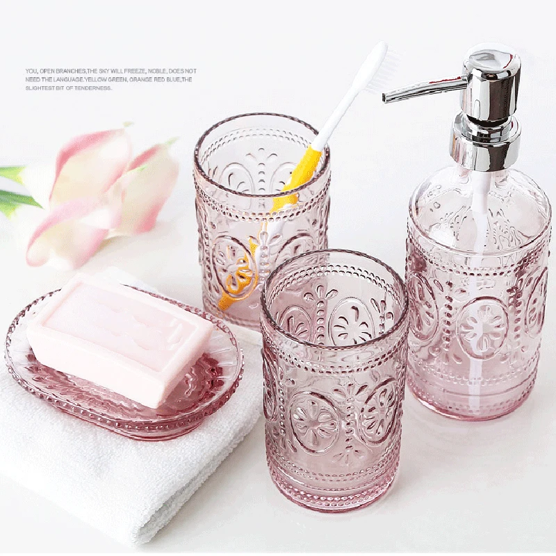 Cup Dish Dispensers Bathroom Set Glass Bath gel Bottle Four piece Set Soap Box Bathroom Tumblers 1 Cup Dish Dispensers Bathroom Set Glass Bath gel Bottle Four piece Set Soap Box Bathroom Tumblers 5