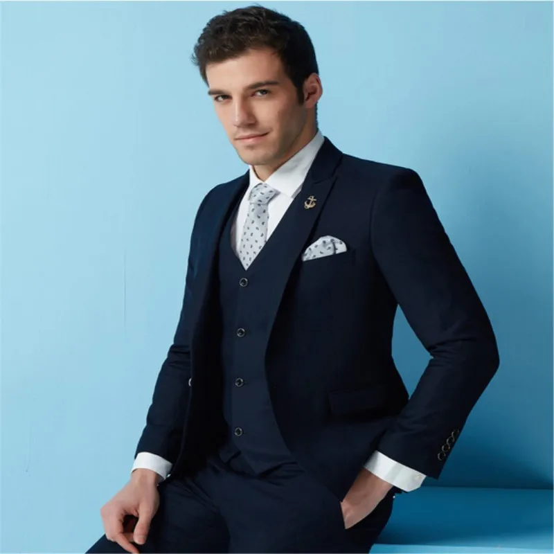 2018 (Jacket + Pants + Vest) Classic Men Suit Slim Fit Navy Blue Wedding Groom Wear Combination