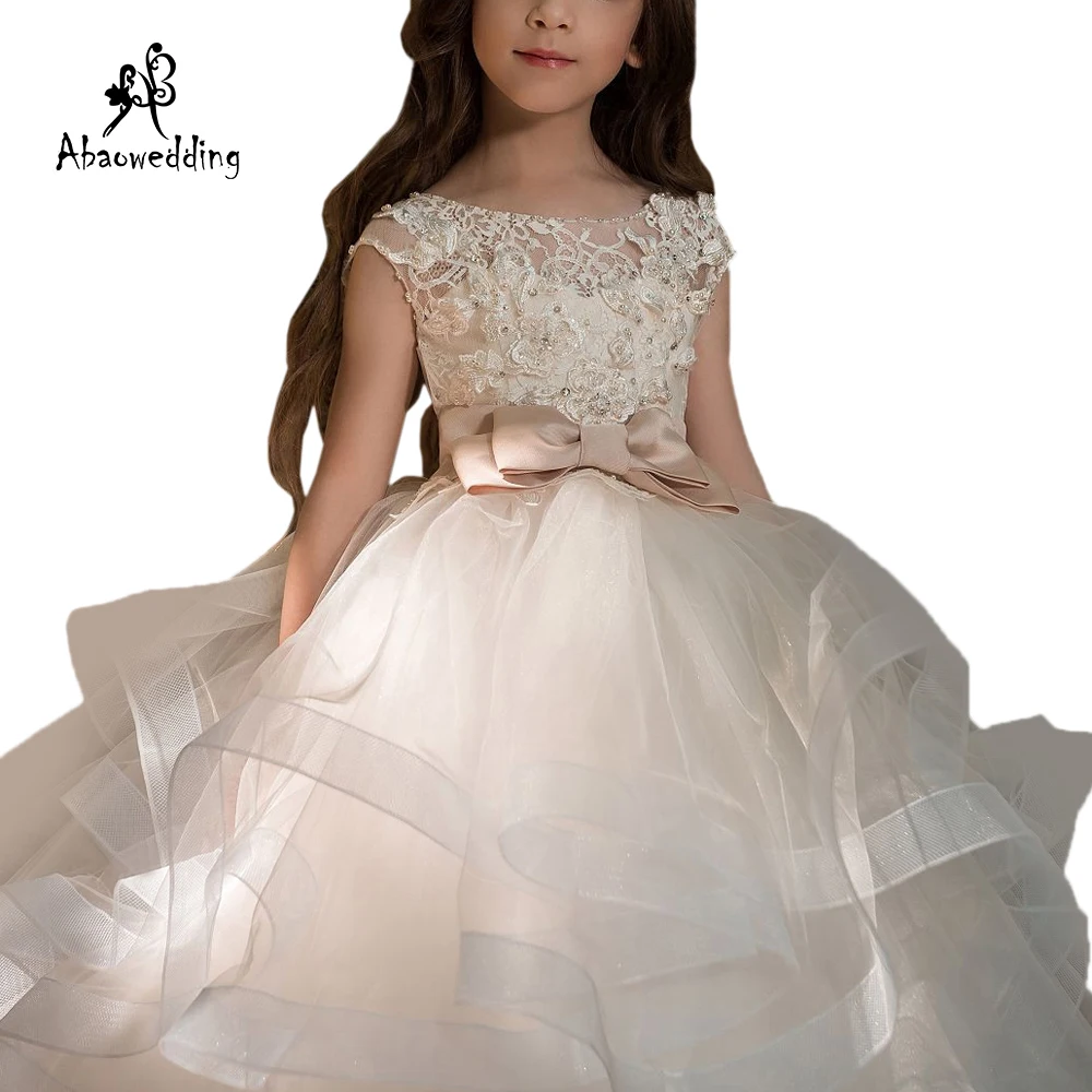 Новое поступление, бальные платья с цветочной кружевной аппликацией и рукавами-крылышками, длина до пола, пышные платья для первого причастия, свадебное платье