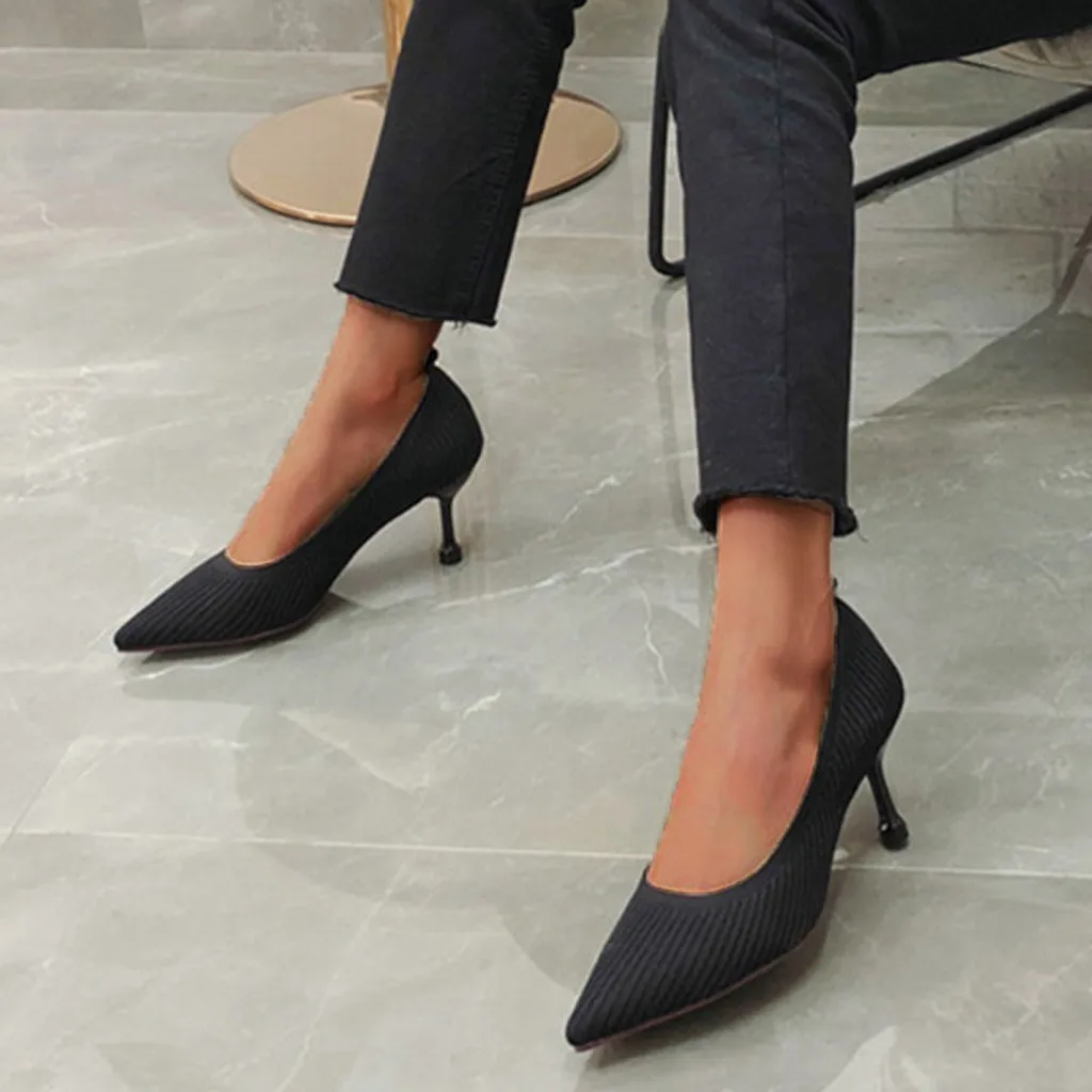 

spring new fashion simple matching pointed high heels women knitted cloth breathable comfortable single shoes zapatos de mujer