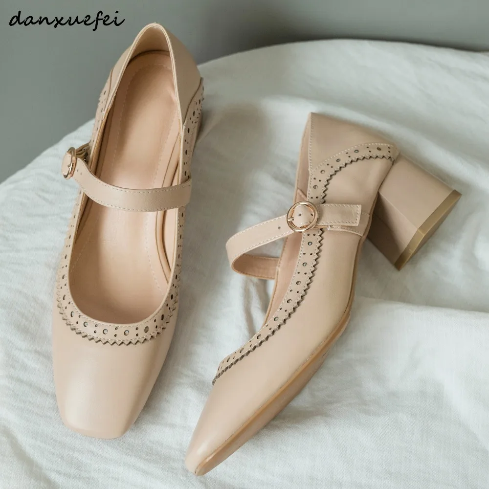 

Women's genuine leather 5cm thick high heel comfortable pumps high quality carving high heeled shoes cross strap mary jane pumps