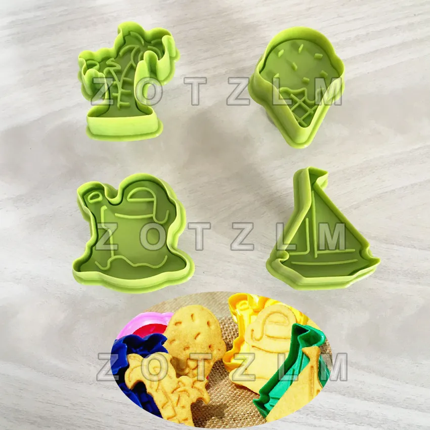 

4 pcs/set Tropical Beach Vacation Plastic Cookie Cutters Biscuit Cake Mold Coconut Palm Dive Sail Boat Ice Cream Shapes SLP128