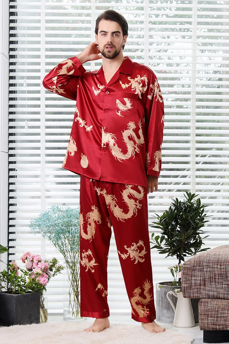 Для мужчин шелковые пижамы пижамный комплект пары подвеска дракон узор из двух частей район Домашняя одежда дамы