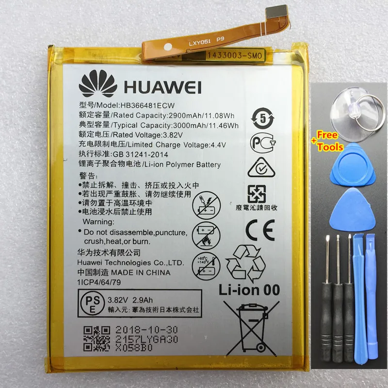 

New Original HB366481ECW 3000mAh Battery For Huawei honor 6c pro v9 play JMM-L22 P9 Ascend P9 Lite G9 honor 8 5C+Tools